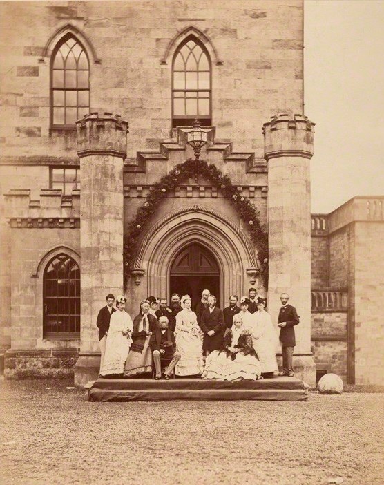 The 11th Earl and Countess of Home (seated) at the marriage of their son Lord Dunglass, Douglas Castle 1870