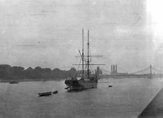 Chinnery, Sarah Johnston, 1887-1970. Training ship Lady Roynn Douglas, on the Thames River with Battersea Power Station in the background, London, England, 1934 [picture]